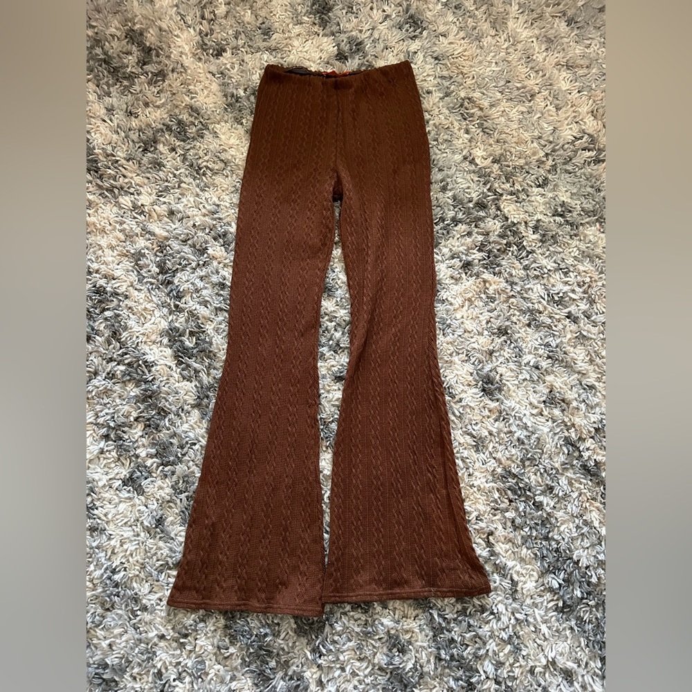 Flared brown knit pants 70s inspired San Francisco Boutique Current, medium